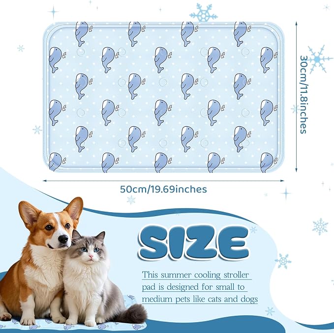 Nuanchu Dog Stroller Cooling Mat, Waterproof Gel Pet Cooling Pad for Summer, Washable Cat Sleeping Blanket, Portable Ice Gel Travel Mat for Cats, Crates, Car Seat(11.81 x 19.69 Inches,Whale)