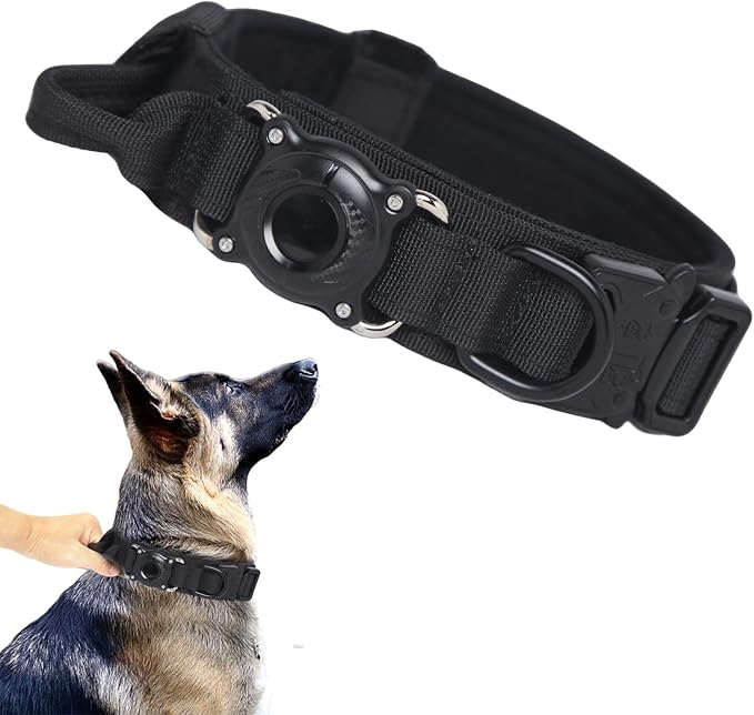 Upgraded AirTag Dog Collar,Waterproof Tactical Dog Collar with AirTag Holder, Control Handle and Metal Buckle,Heavy Duty Dog Collars for Large Dogs(Black，XXL