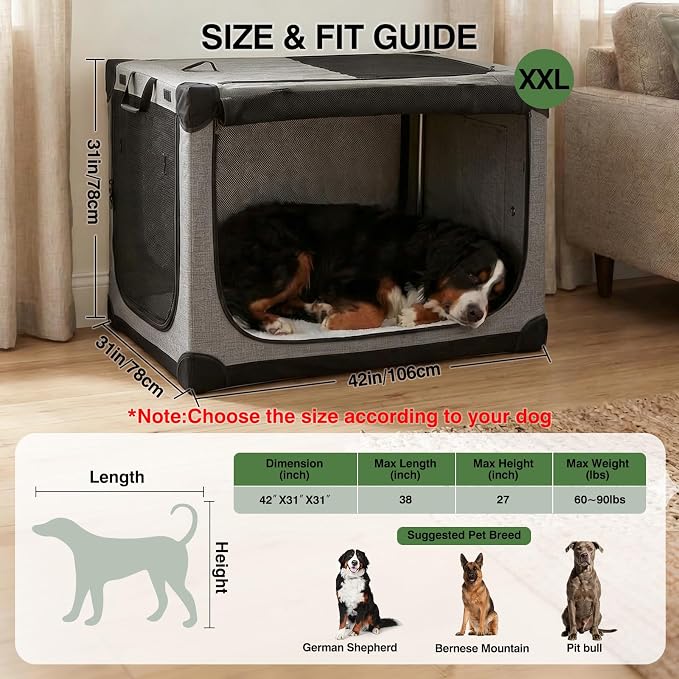 Veraste 42" L x 31" W x 31" H Collapsible Travel Dog Crate, Quick-Setup Portable Soft Dog Kennel for Large Dogs up to 90 lbs, 4-Door Foldable Travel Crate with Storage Bag, Grey
