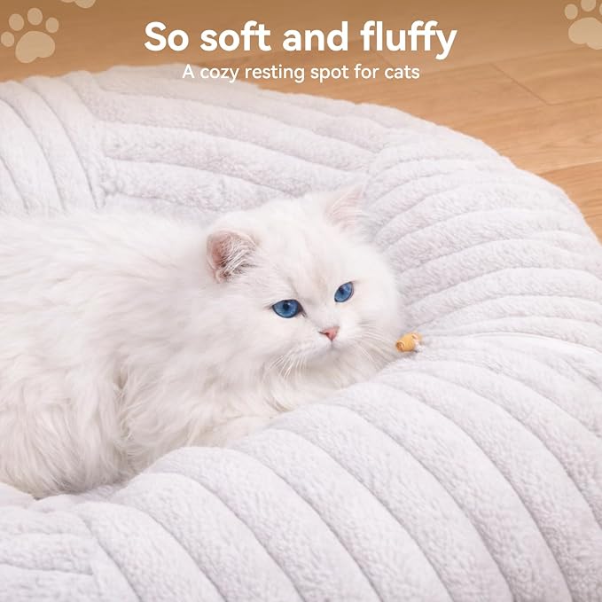 Cat Tunnel Bed Cave - Soft Washable Cushion for Indoor Cats, Peekaboo Hideaway Cave for Indoor Cats, Kittens, Puppies, Rabbits, Luxurious Striped Hare-Feel Fabric, Tunnels for Indoor Cats Large(White)