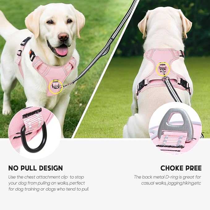 Timos Dog Harness Medium Sized, No Pull Pet Harness with Neck Lockable Snap,No Choke Front Clip Dog Reflective Vest,Adjustable Metal Rings 3 Buckles,Easy Control Handle for Medium Dogs Pink M