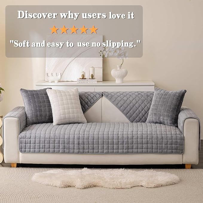 Velvet Washable Couch Cover for Pets Dogs, Non Slip Sectional Sofa Covers for 3 Cushion Couch Sofa L Sharped Sofa Slipcovers, Furniture Protector (1 PCS 36"x82", Dark Grey)
