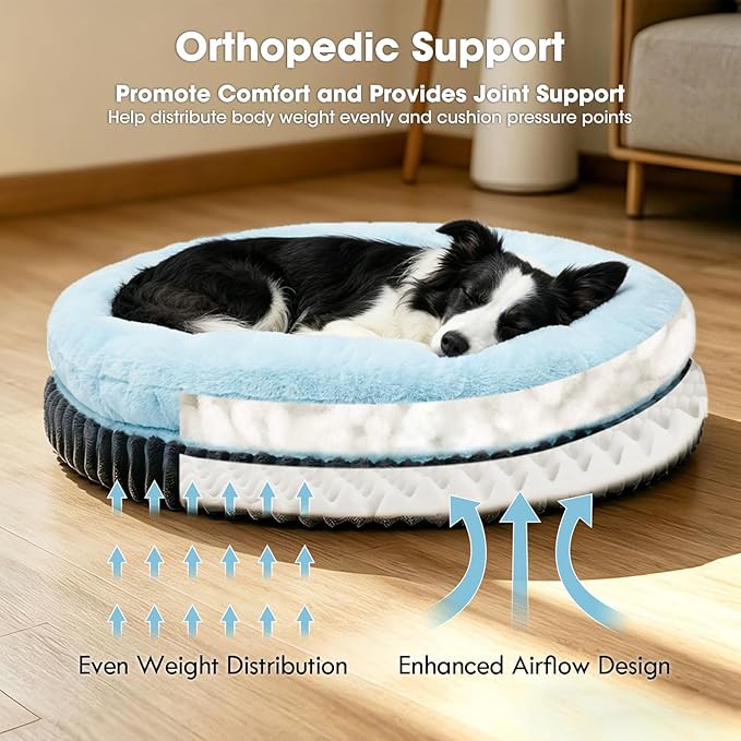 ClevaHome Orthopedic Dog Bed for Large Medium Dogs, 42 inches Round Double-Layer Plush Dog Bed, Removable Washable Cover, Anti-Slip Bottom, Ice Blue