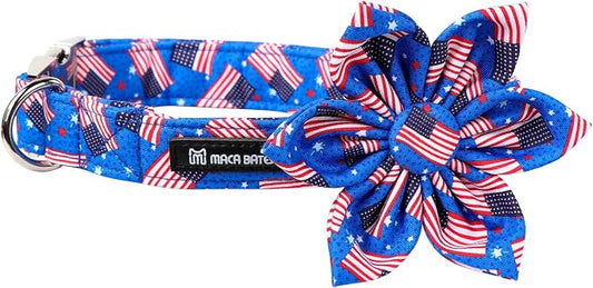 Maca Bates American Flag 4th of July Dog Collar with Flower Bow 4 of 7 for Dogs Adjustable Durable Flags Patriotic USA Collars Summer Independence Day for Small Medium Large XL Boy Girl Puppy