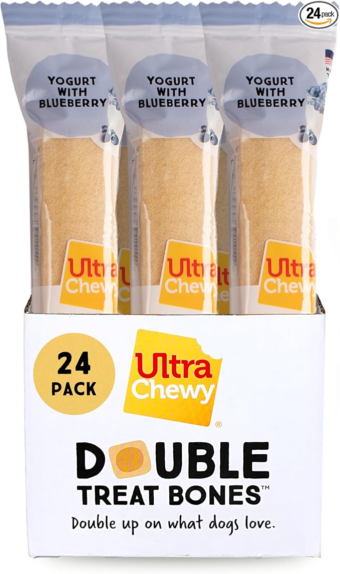 Ultra Chewy Yogurt with Blueberry Double Treat Bones: Long-Lasting Dog Treats Made in USA for Large and Small Breeds, Highly Digestible (24 Count)
