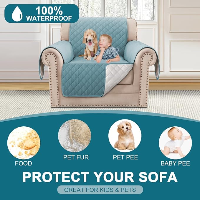 Turquoize 100% Waterproof Sofa Covers Chair Cover Slipcover Couch Protector Triple Non-Slip Sofa Slipcover for 1 Cushion Furniture Protector for Pets, Kids,Dog (Chair 23", Stone Blue)
