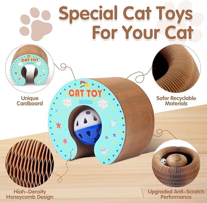 Extensible Cat Scratcher Cardboard Toy | Magic Accordion Scratching Pad with Bell Ball - Foldable & Reversible Interactive Kitty Play for Indoor Cats (1 Pack)