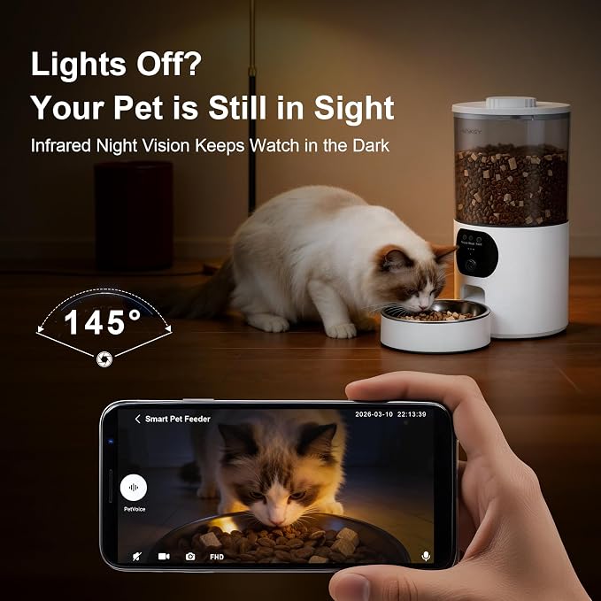 Automatic Cat Feeder with 2K Camera, 5G/2.4G WiFi 6.5L Smart Pet Feeder for Cat & Small Dog, Automatic Dog Feeder with Night Vision, 2-Way Audio, Motion Detection, Feeding Schedule & App Control