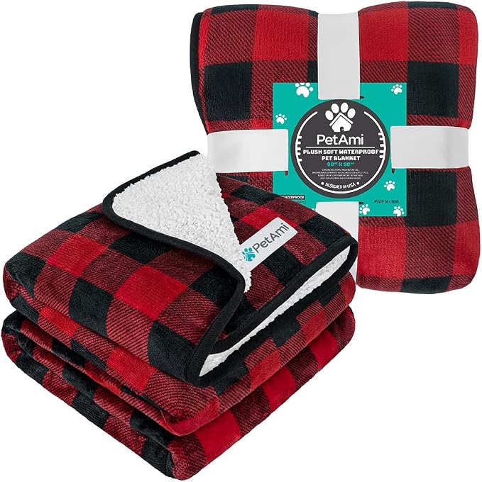 PETAMI Sherpa Fleece Waterproof CAT and Dog Blanket, Checkered RED, Queen
