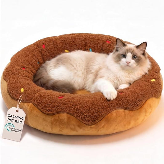 Donut Cat Bed for Indoor Cats, 21" Washable Round Pet Bed for Cats & Small Dogs, Soft Fluffy Plush Calming Bed for Kitten and Puppy with Anti-Slip Base