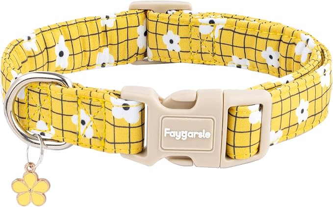 Faygarsle Floral Plaid Pattern Dog Collar, Yellow with White Flowers Summer Spring Design for Small Medium Large Dogs XS