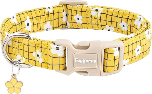Faygarsle Floral Plaid Pattern Dog Collar, Yellow with White Flowers Summer Spring Design for Small Medium Large Dogs M
