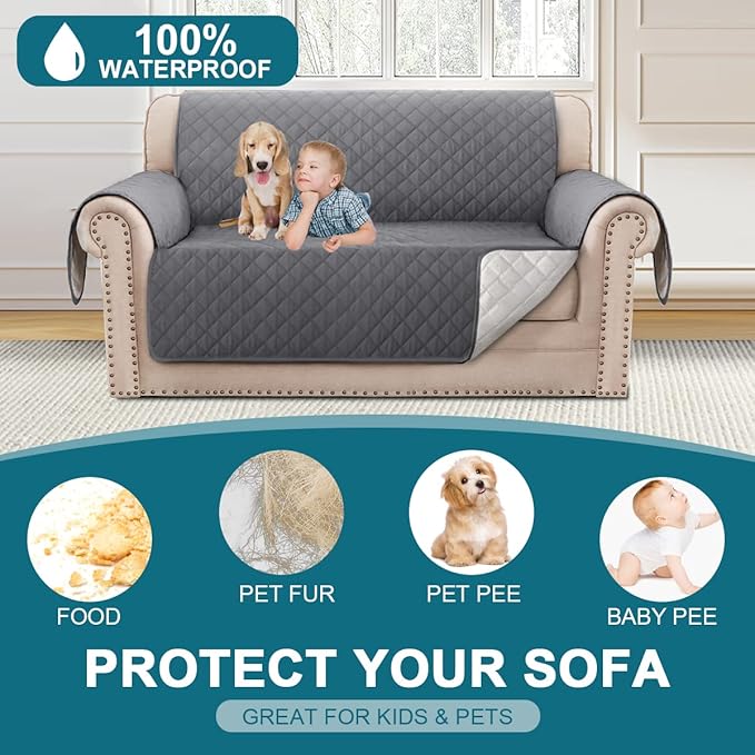Turquoize 100% Waterproof Couch Cover Sofa Covers for 2 Cushion Couch Loveseat Covers Triple Non-Slip Couch Cover for Dogs Washable Furniture Protector Cover for Pets, Kids,Dog (Loveseat 54", Gray)