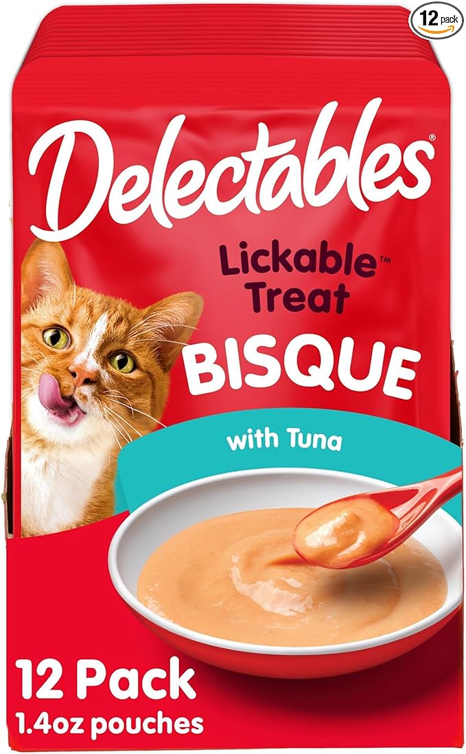 Delectables Lickable Treat Bisque Wet Cat Treat with Real Tuna, Food Topper, Hydrating, Grain-Free, No Fillers, By-Products, Added Preservatives, 1.4oz Pouch, 12ct