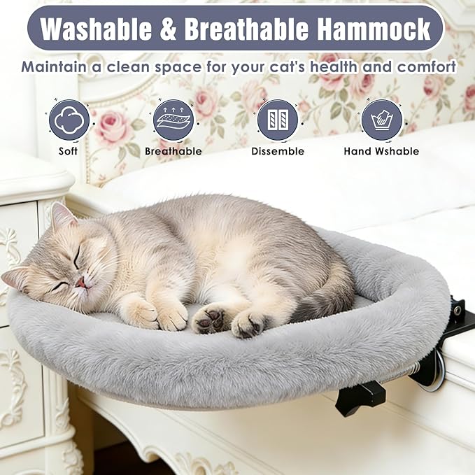 IPOW Heavy Duty Steel Frame 180°Rotating Cat Bedside Bed Semi-Circular Cat Bed for Bedside, Soft Faux Rabbit Fur Material, Suitable for Various Desktops-Maximum Hold Up to 40lb
