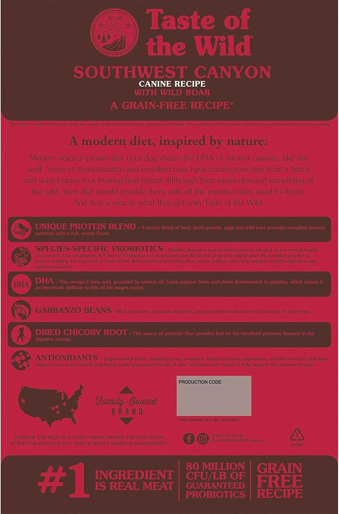 Taste of the Wild Southwest Canyon Grain-Free Recipe with Wild Boar Dry Dog Food, Made with Protein from Real Meat, and Guaranteed Nutrients Like Probiotics, Vitamins and Antioxidants 14lb