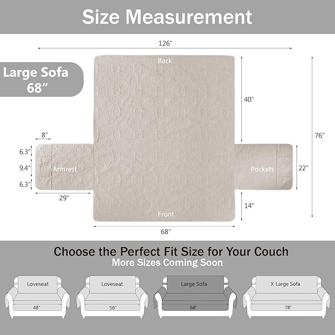Quilted Beige Sofa Slipcovers with Pockets, Anti-Slip Medallion Couch Covers for Sofa, Couch Cover for Dogs Cats Water-Repellent Machine Washable Sofa Cover (Large Sofa 68", Beige Cream)
