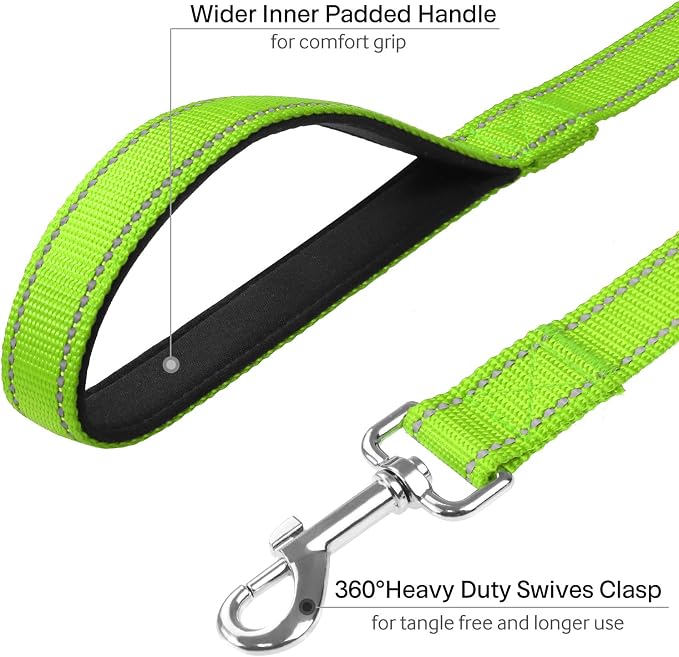 FunTags 4FT Green Reflective Dog Leash for Large & Medium Dogs Training, Soft Padded Handle Comfortable Grip, Heavy Duty Nylon, Reflective for Night Walking, 1in Wide