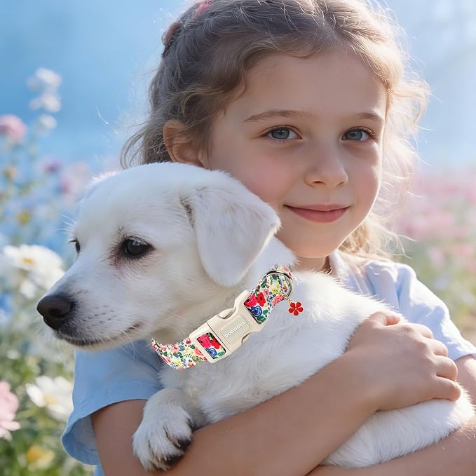 DOGWONG Spring Floral Dog Collar, Cute Girl Dog Collars - Wildflowers Puppy Collar, Adjustable Breathable Female Dog Collars for Small Medium Large Dogs, Neck 8-12 inches