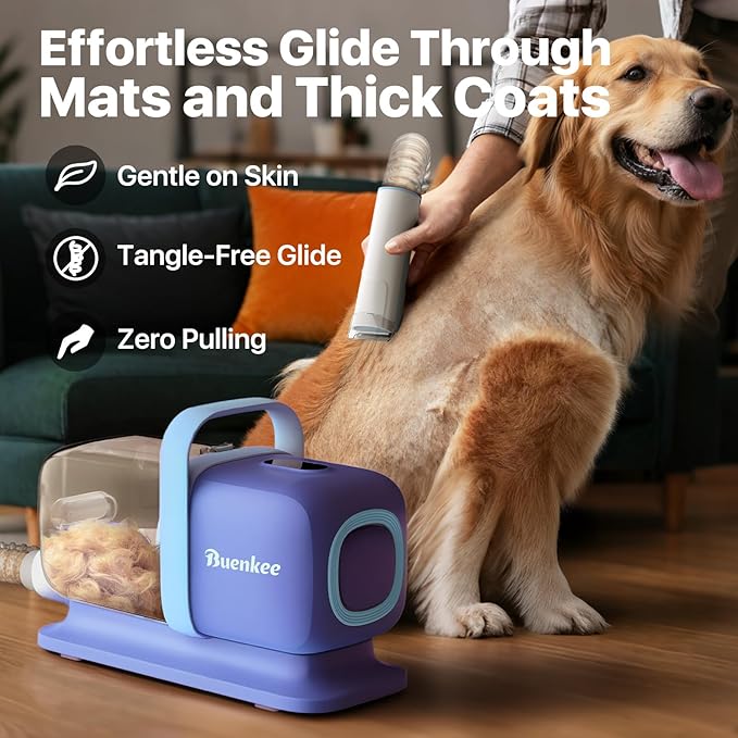 buenkee Dog Grooming Kit with Vacuum, 15000Pa Pet Hair Clipper and Shedding Brush, 50dB Low Noise, 2L Capacity, Blue