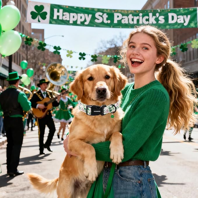 DOGWONG Green Dog Collar- Cute Trefoil Bowtie Dog Collars Adjustable St. Patrick's Day Puppy Clover Dog Collar for Small Medium Large Dogs XL