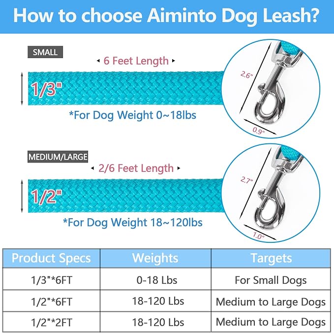 Dog Leash, Braided Rope Traction – Walking Training Lead for Small Dogs ((1/3") x 6FT, Light Blue)