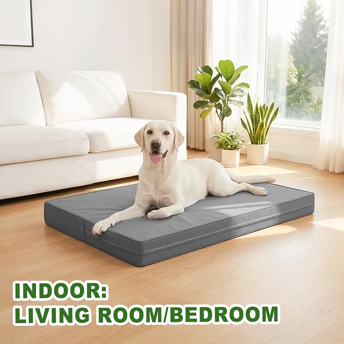 Vonabem Outdoor Waterproof Dog Bed Washable, Large Crate Pad 35 inch, Wipeable Leather Pet Beds with Removable Cover Reversible, Orthopedic Foam Anti-Slip Kennel Pads 35"x22" Grey