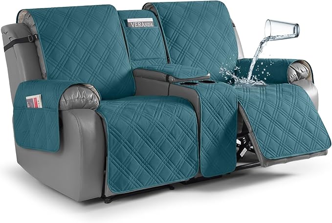 TAOCOCO Loveseat Recliner Cover with Center Console, 100% Waterproof Pet Cover for Dual Recliner with Straps Design, Split Reclining Loveseat Covers Furniture Protector (2 Seater, Peacock Blue)