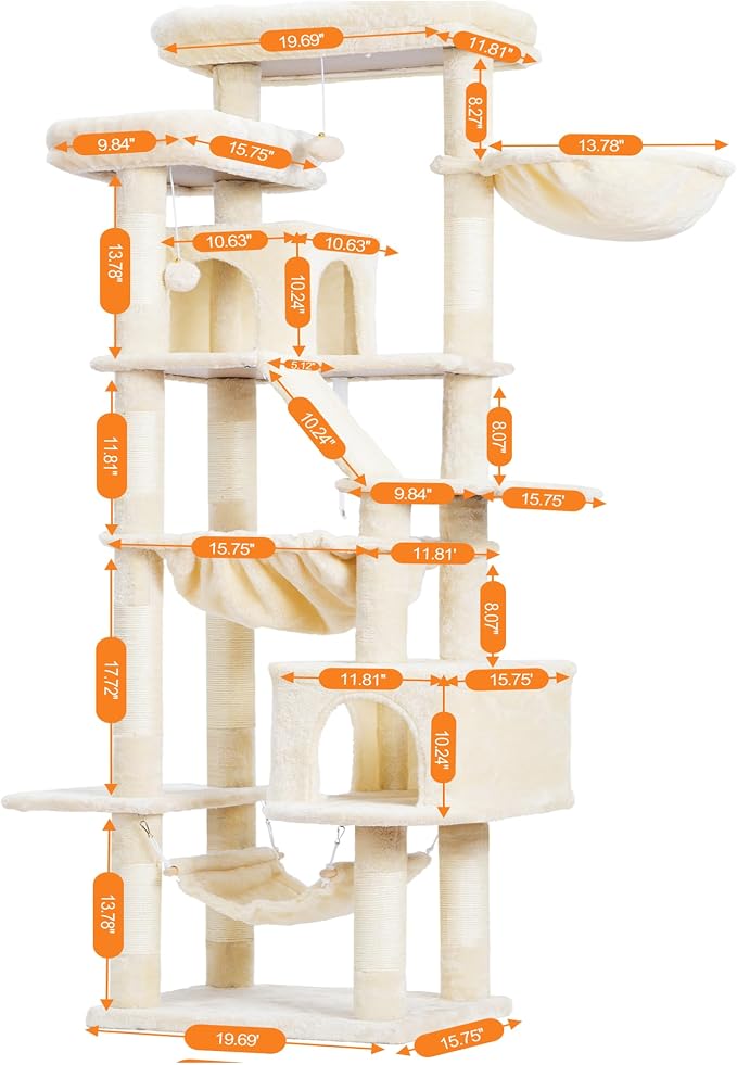 Heybly Cat Tree, 71-Inch-Tall Tower for Indoor Cats with 2 Perches, 2 Big Condos, 2 Hammocks, Basket, Scratching Pad, Large Cat Furniture and Condo, Beige HCT034M