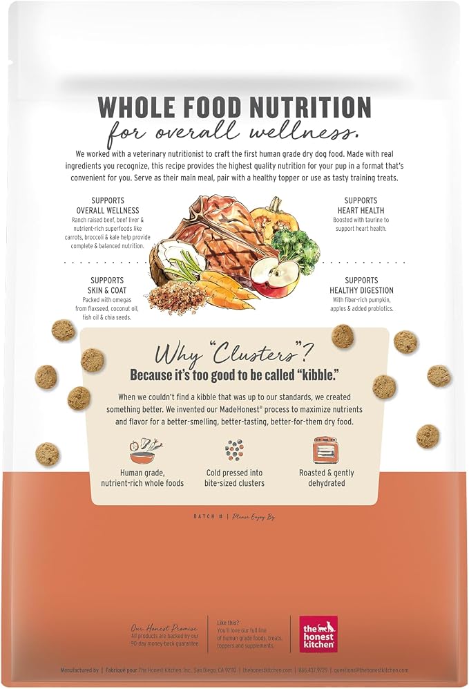 The Honest Kitchen Human Grade Dry Dog Food, Whole Food Clusters Grain Free Dry Dog Food, Beef, 5 lb Bag