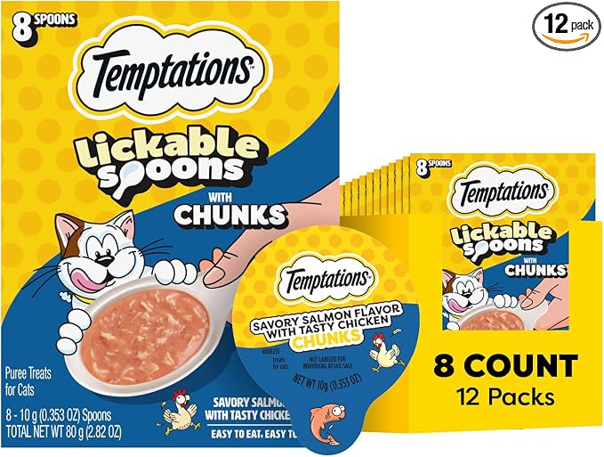 Temptations Lickable Spoons, Soft Lickable Cat Treats, Adult Wet Cat Treats, Salmon Flavor with Chicken Chunks, 8 Spoons, Pack of 12 (96 Total)