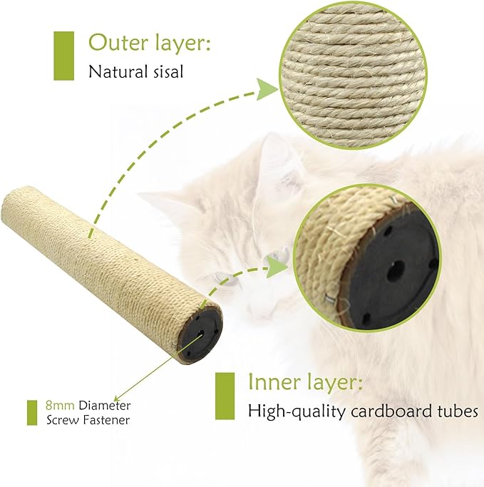 2 Pcs Cat Scratching Post Replacement for Indoor 15.7 x 3.1 Inches Cats Tree Replacement Parts Natural Sisal Cat Scratch Posts Refill Pole Part with M8 Screws Spare Cat Furniture Accessories