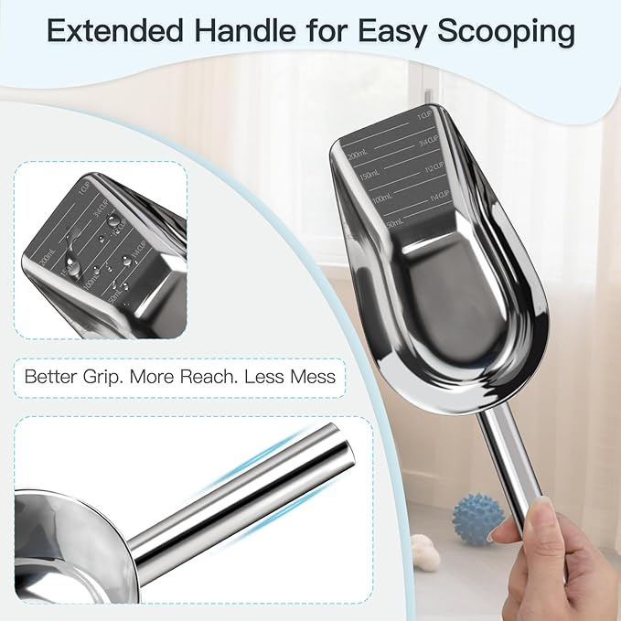 Dog-Cat Food Scoop 1 Cup – Thickened 304 Stainless Steel Pet Food Scoop with Long Handle, Precision Scale, Easy to Clean, for Wet Dry Food