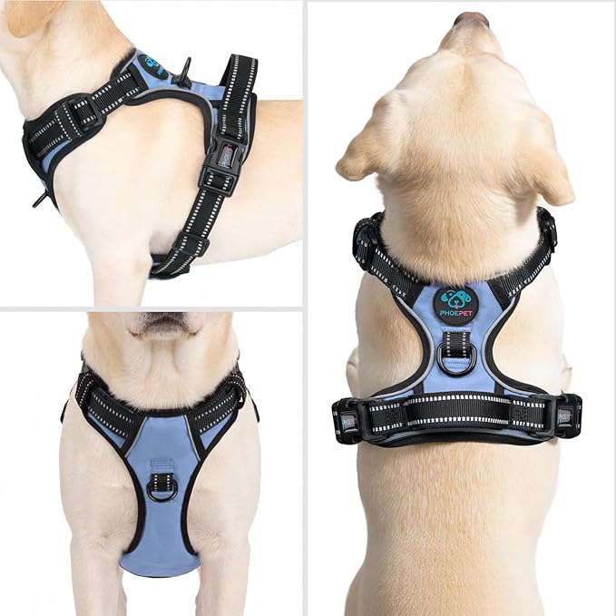 PHOEPET No Pull Dog Harness Reflective Adjustable with 2 Metal Leash Hooks and Soft Training Handle [Over The Head Design](M, Baby Blue)