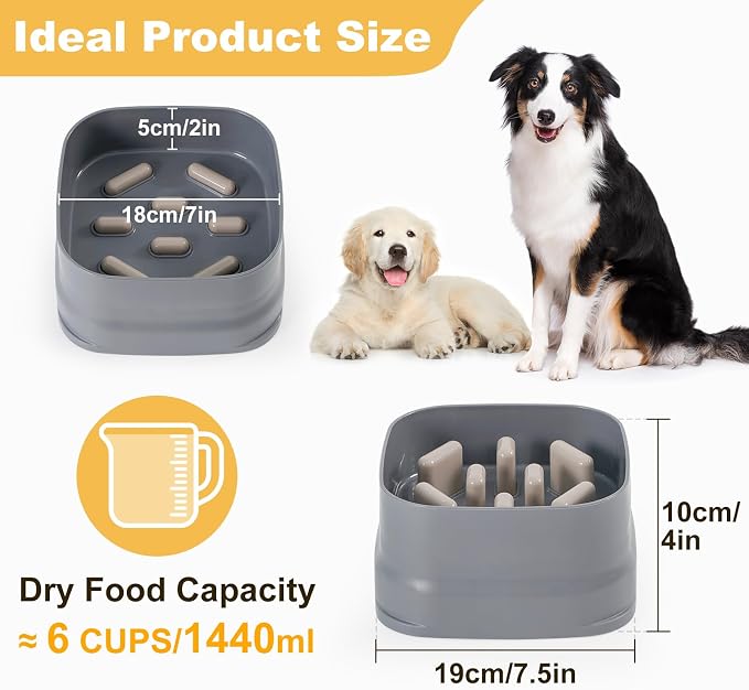 Sunhoo Slow Feeder Dog Bowls Large Breed Puppy Puzzle Feeding Dish Maze Feed Bowl Small Medium Dogs Plate Adjustable Ridges to Slower Down Eating Anti-slip Easy to Clean Indoor Use 7.5*7.5*4 in(Grey)