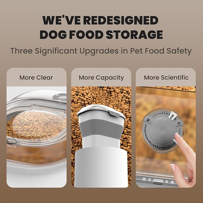 32-35 Lbs Dog Food Storage Container,Collapsible Dog Food Container with Transparent Airtight Lid,Wheels,Date Track,Pet Food Storage Container for Rice,Flour,Sugar,Scoop And 2PCS Containers