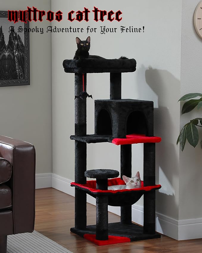 MUTTROS Gothic Cat Tree with Super Large Hammock, 45.7" Black Cat Tower with Coffin Bed, Cat Condo, Sisal Scratching Posts & Top Perch, Multi-Level Goth Cat Tree, Halloween, Black