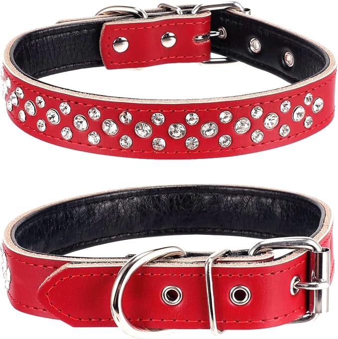 Rhinestone Dog Collar, Adjustable Cute Dazzling Sparkling Soft Leather Dog Collar Crystal Diamond Pet Dog Puppy Collar (L, Red)