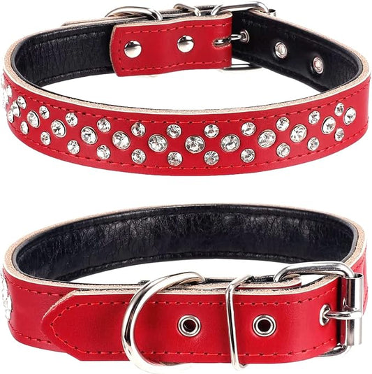 Rhinestone Dog Collar, Adjustable Cute Dazzling Sparkling Soft Leather Dog Collar Crystal Diamond Pet Dog Puppy Collar (L, Red)