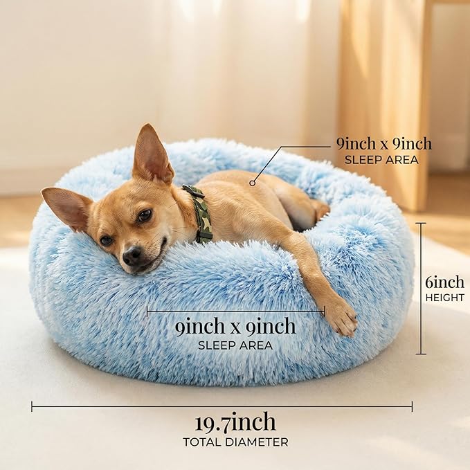 Calming Donut Dogs Beds for Small Dogs Washable,19inch Fluffy Round Puppy Bed for Puppies,Cats & Toy Breeds with Raised Rim,Fits up to 15 lbs Pets,Gradient Blue