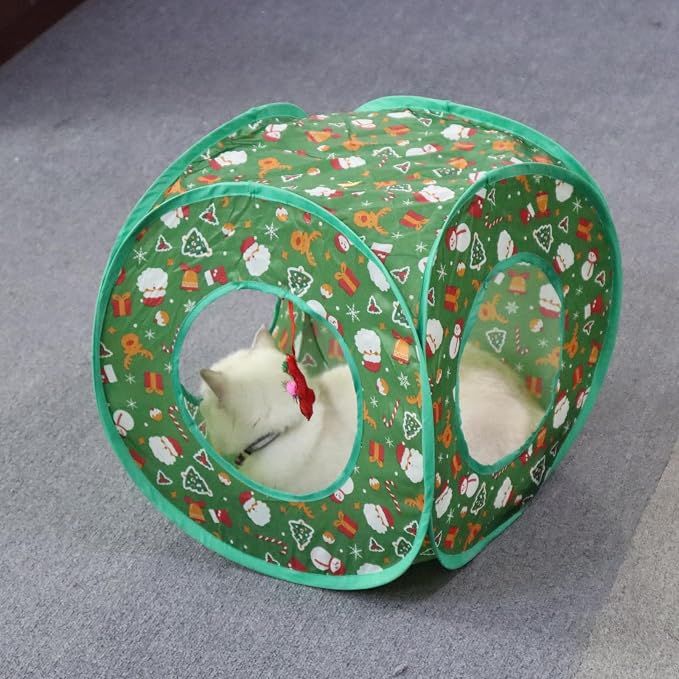 Andiker Cat Tent, 3 Holes Safe and Strong Cute Cats Tunnel Collapsible Easy to Carry Cat House for Indoor Cats Kittens Hiding Playing Training Sleeping (Square Green)
