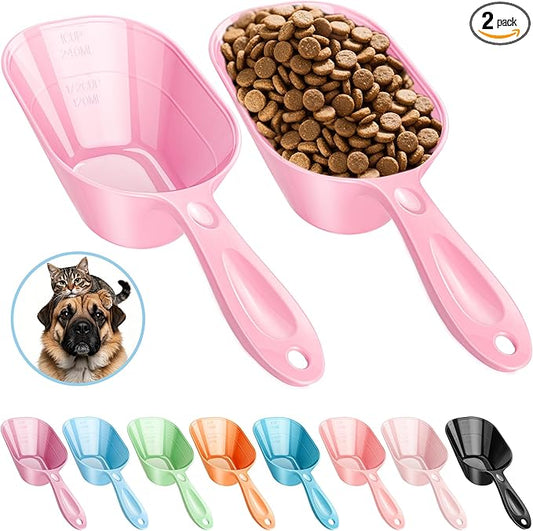 Dog Food Scoop 2 Pack, Pet Cup Capacity Cat Food Scooper With Measuring Lines For Dog, Puppy and Cat Coffee Bean, Flour Scoop Pink