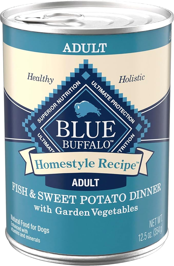 Blue Buffalo Homestyle Recipe Fish & Sweet Potato Dinner with Garden Vegetables Natural Wet Dog Food for Adult Dogs, Paté with Natural Ingredients, Vitamins & Minerals, 12.5-oz. Can (12 Count)