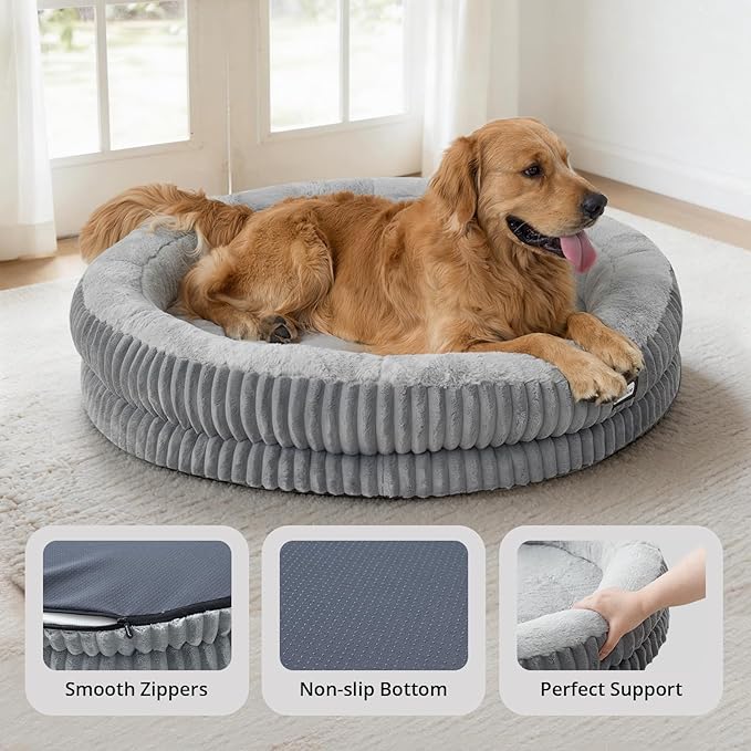 BALANCE Donut Dog Bed, 43 Inches Round Dog Bed Extra Large Size Dogs Washable, Orthopedic Calming Dogs Beds for Pets, Fluffy Plush Faux Fur Pet Bed with Anti-Slip Bottom