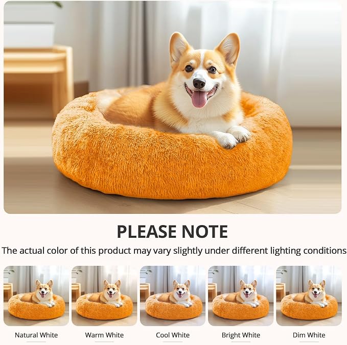 JOLLYVOGUE Calming Dog Bed Medium Size Dog, 31in Donut Washable Medium Pet Bed, Anti-Slip & Anti-Anxiety Fluffy Faux Fur Round Dogs Bed, Fits up to 45 lbs Pets (Orange)
