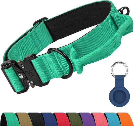 Joytale Tactical Dog Collar for Large Dogs with Control Handle, Heavy Duty Military Training Collar for Power Breeds, AirTag Holder Case, Quick Release Metal Buckle, Soft Padded, L, Teal