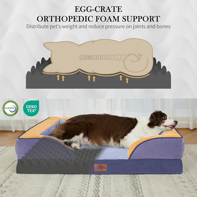 Comfort Expression Orthopedic Dog Bed for Extra Large Dogs 45x35 Inch, Waterproof Egg Crate Foam XL Pet Bed with Bolsters, Dog Couch with Washable Cover & Non-Slip Bottom, Twilight Wave