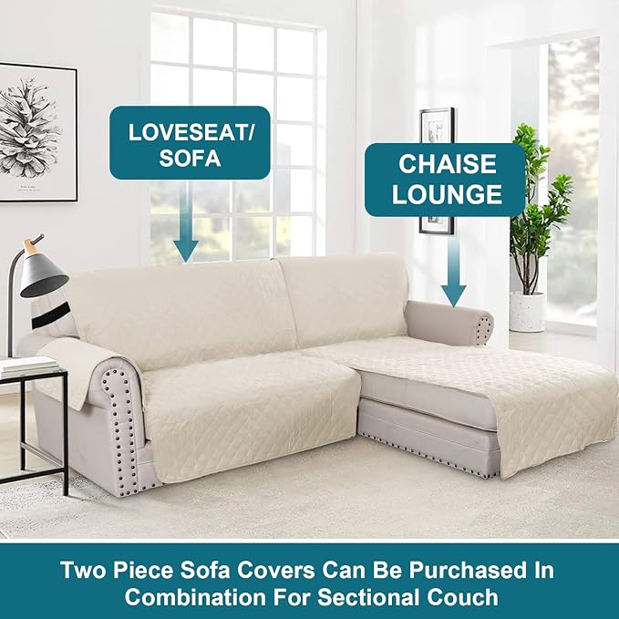 Turquoize 100% Waterproof Sofa Covers Chaise Lounge L Shape Sofa Protector Slip Cover Triple Non-Slip Sofa Slipcover for Sectional Couch Cover for Pets, Kids (Chaise, Ivory)