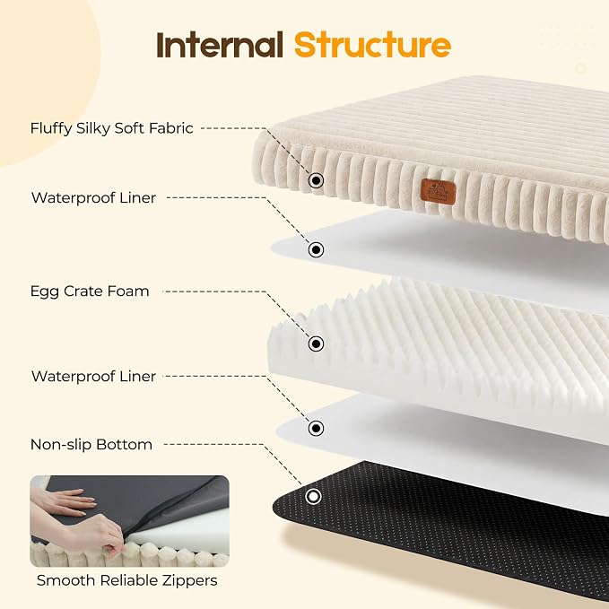 Orthopedic Dog Bed for Extra Large Dog, Waterproof Pet Bed,Non-Slip Bottom and Egg-Crate Foam with Removable Washable Cover Crate Bed,Cream,42"x30"x4"