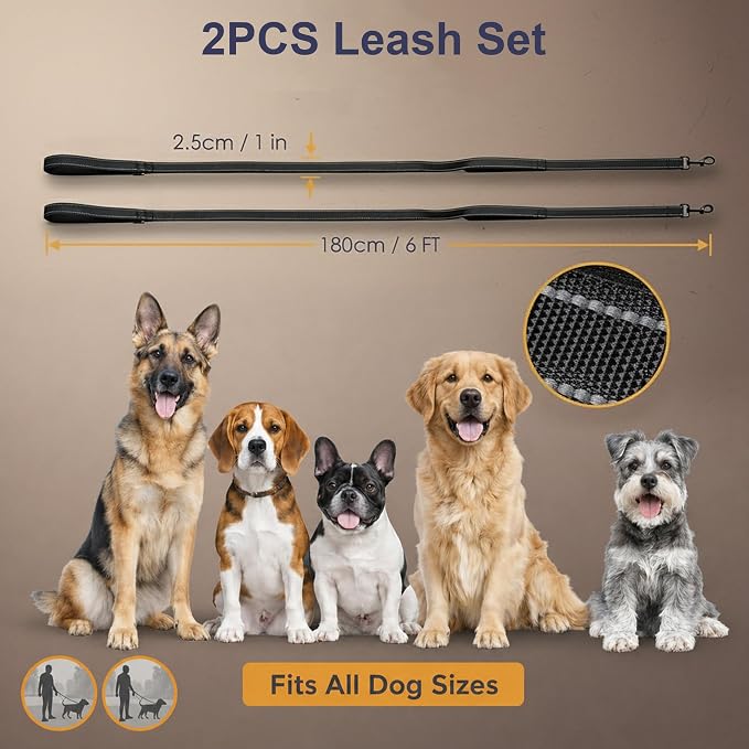 2 Pack Dual Handle Dog Leash, 6ft x 1in Heavy Duty Reflective Nylon Leash with Padded Grip, Traffic Handle, D-Ring, Tangle-Free Dog Lead for Small, Medium & Large Dogs, Safe Night Walks (Black+Black)